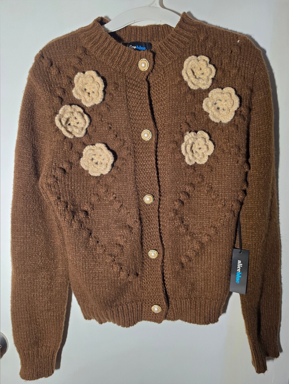 alice blue Brown Floral Accent Knit Cardigan Sweater